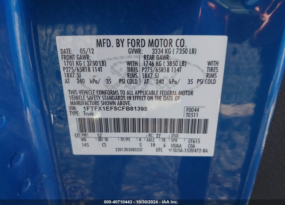 2012 FORD F-150 STX VIN: 1FTFX1EF5CFB81395