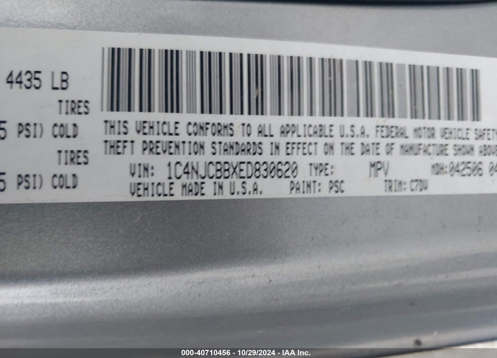 2014 JEEP COMPASS SPORT VIN: 1C4NJCBBXED830620