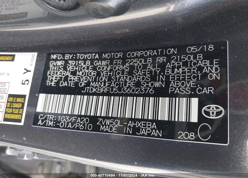 2018 TOYOTA PRIUS TWO VIN: JTDKBRFU5J3602376