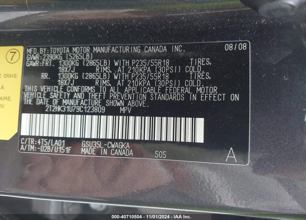 2009 LEXUS RX 350 VIN: 2T2HK31U79C123809