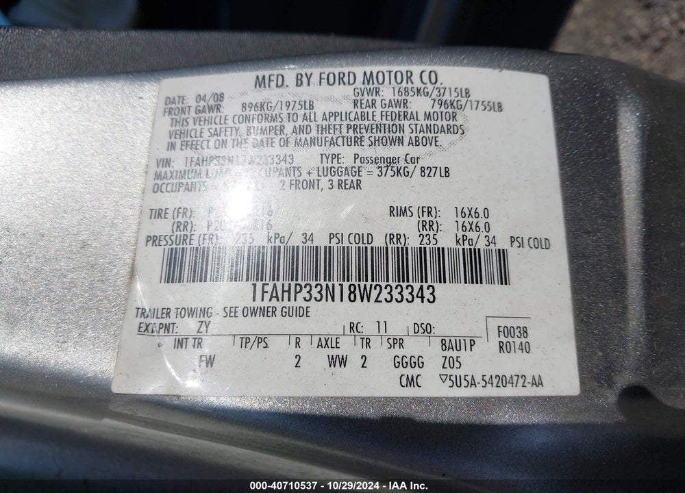 2008 FORD FOCUS VIN: 1FAHP33N18W233343