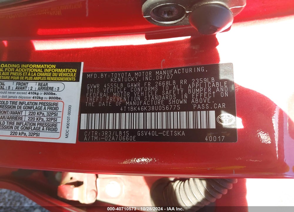 2008 TOYOTA CAMRY SE V6 VIN: 4T1BK46K38U056775