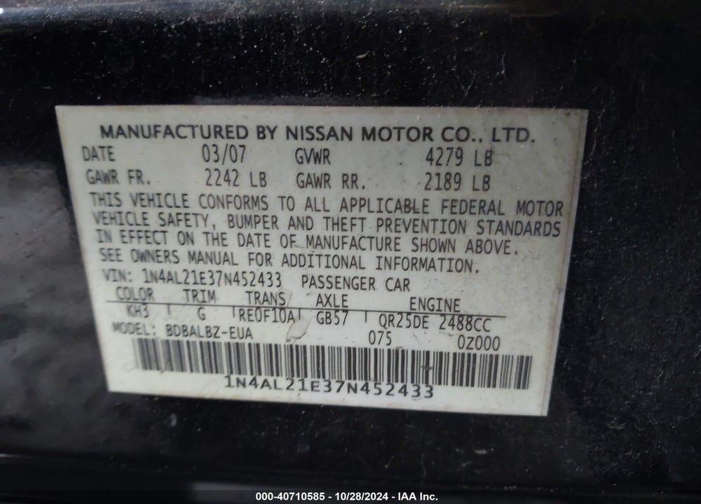 2007 NISSAN ALTIMA 2.5 S VIN: 1N4AL21E37N452433