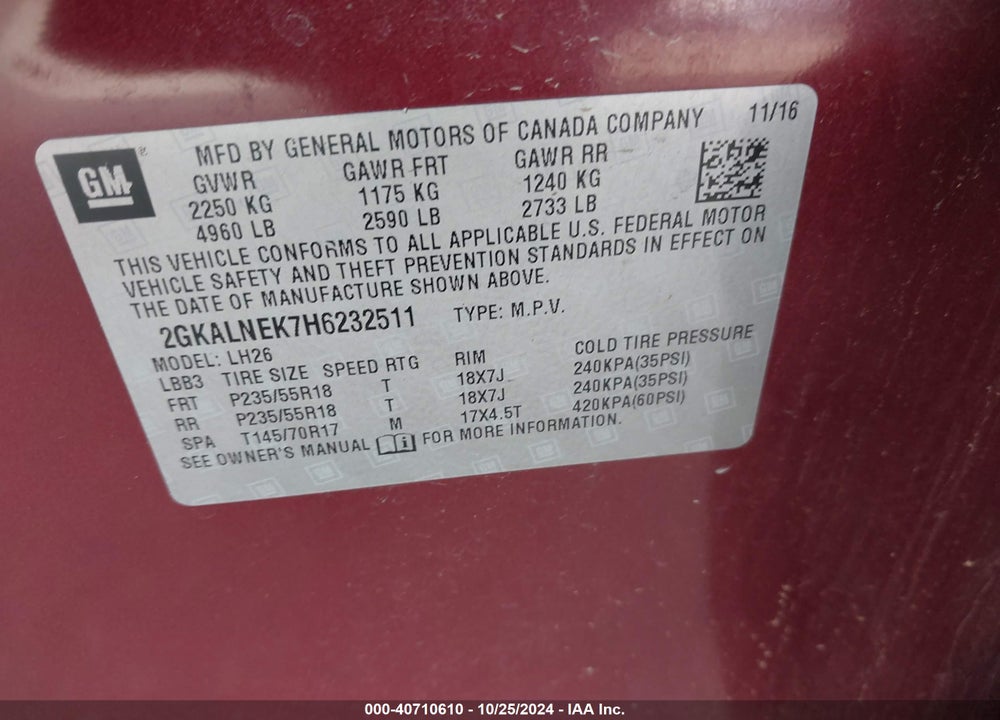 2017 GMC TERRAIN VIN: 2GKALNEK7H6232511