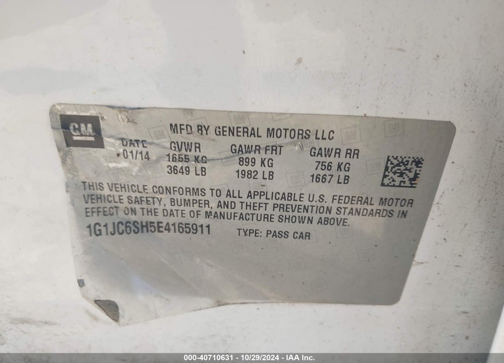 2014 CHEVROLET SONIC LT AUTO VIN: 1G1JC6SH5E4165911