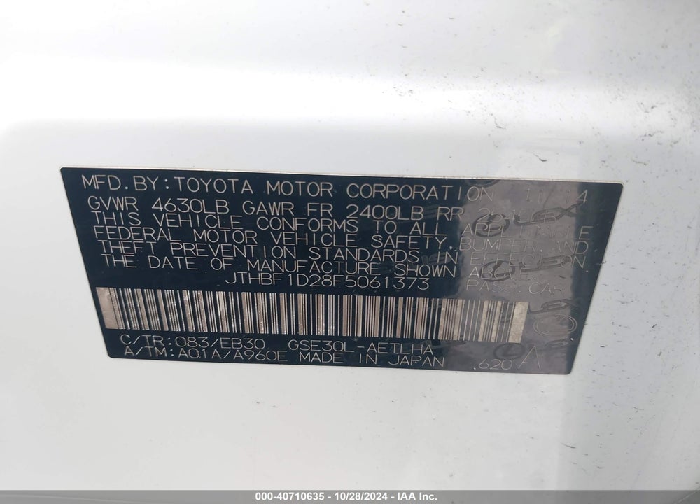 2015 LEXUS IS 250 VIN: JTHBF1D28F5061373