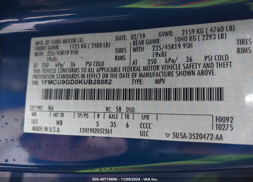 2019 FORD ESCAPE SE VIN: 1FMCU9GD0KUB28082