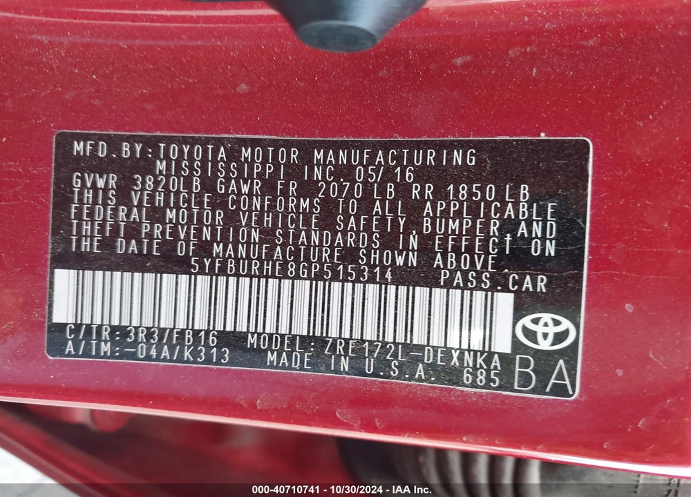 2016 TOYOTA COROLLA LE VIN: 5YFBURHE8GP515314