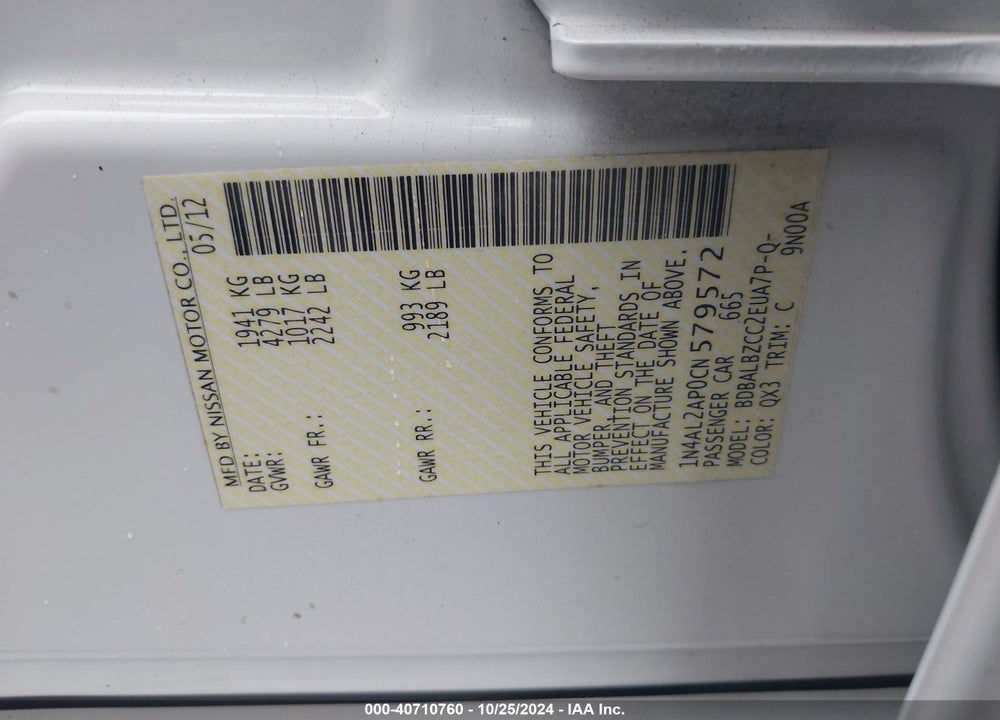 2012 NISSAN ALTIMA 2.5 S VIN: 1N4AL2AP0CN579572
