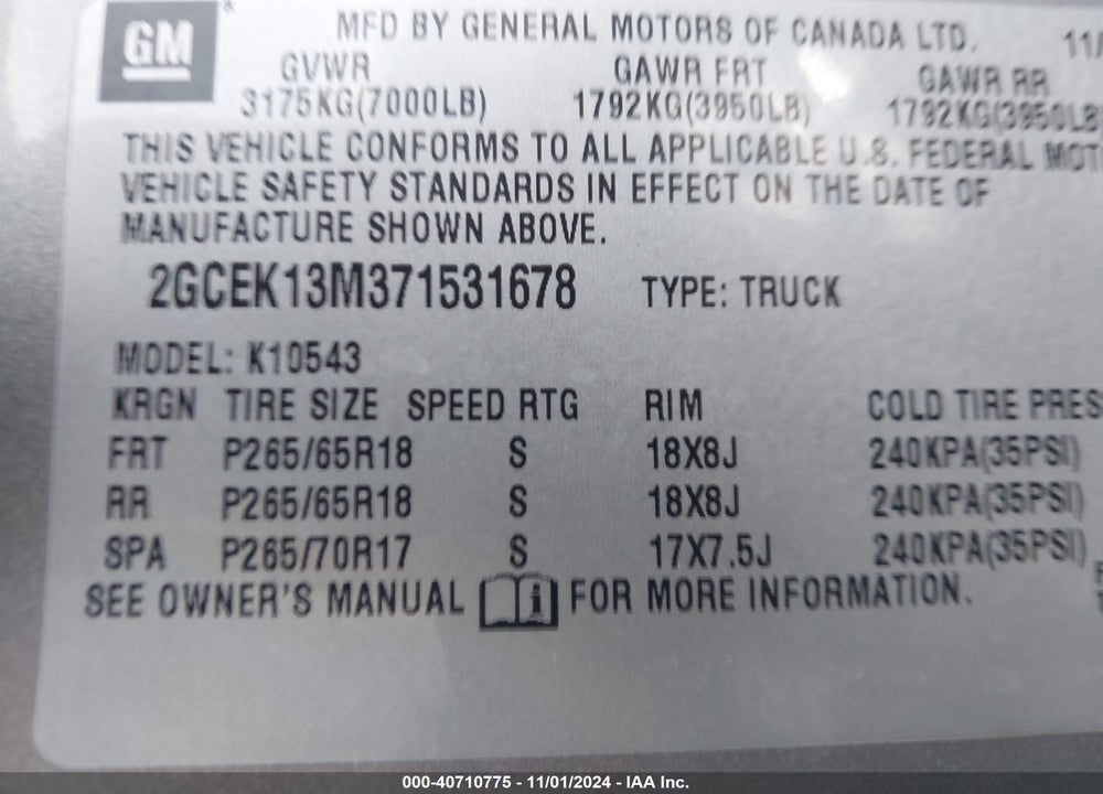 2007 CHEVROLET SILVERADO 1500 VIN: 2GCEK13M371531678