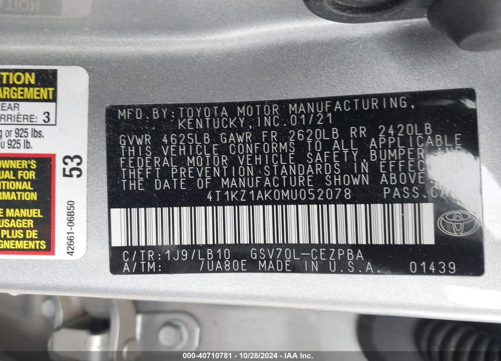 2021 TOYOTA CAMRY TRD/XSE VIN: 4T1KZ1AK0MU052078