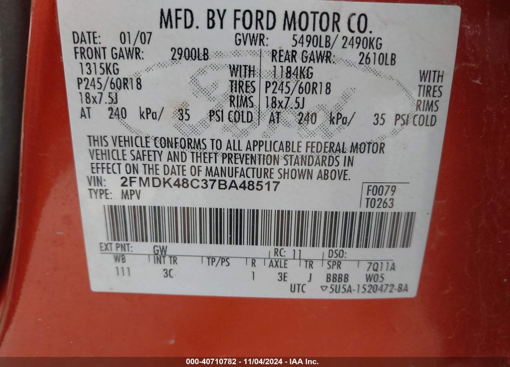 2007 FORD EDGE SEL VIN: 2FMDK48C37BA48517