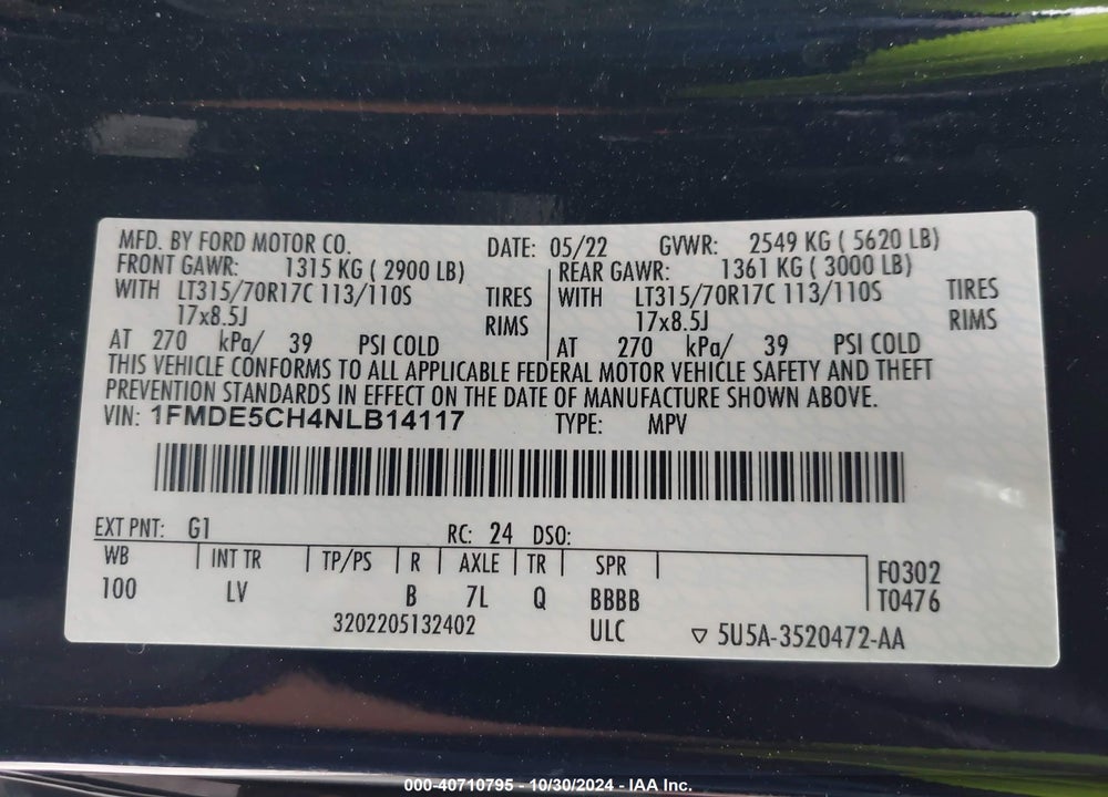 2022 FORD BRONCO VIN: 1FMDE5CH4NLB14117