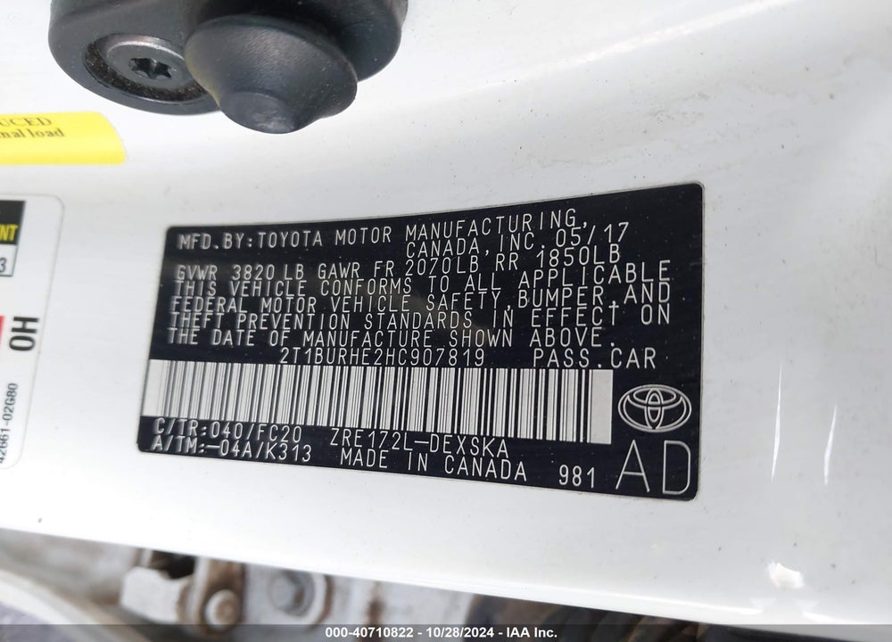 2017 TOYOTA COROLLA SE VIN: 2T1BURHE2HC907819