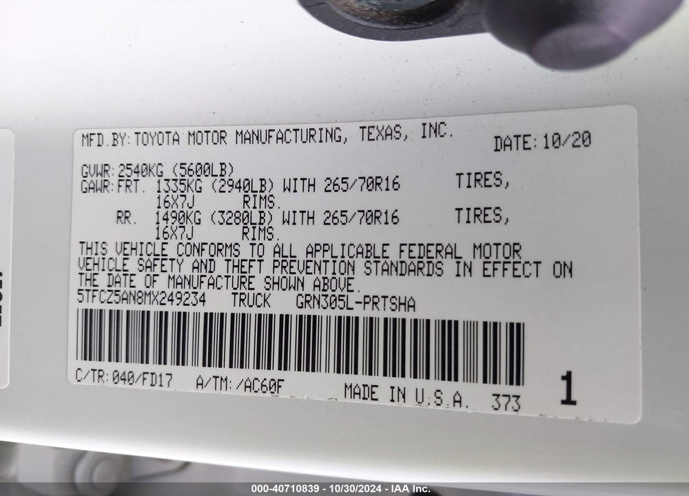 2021 TOYOTA TACOMA TRD OFF ROAD VIN: 5TFCZ5AN8MX249234