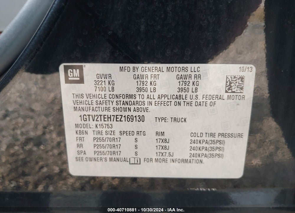 2014 GMC SIERRA 1500 VIN: 1GTV2TEH7EZ169130