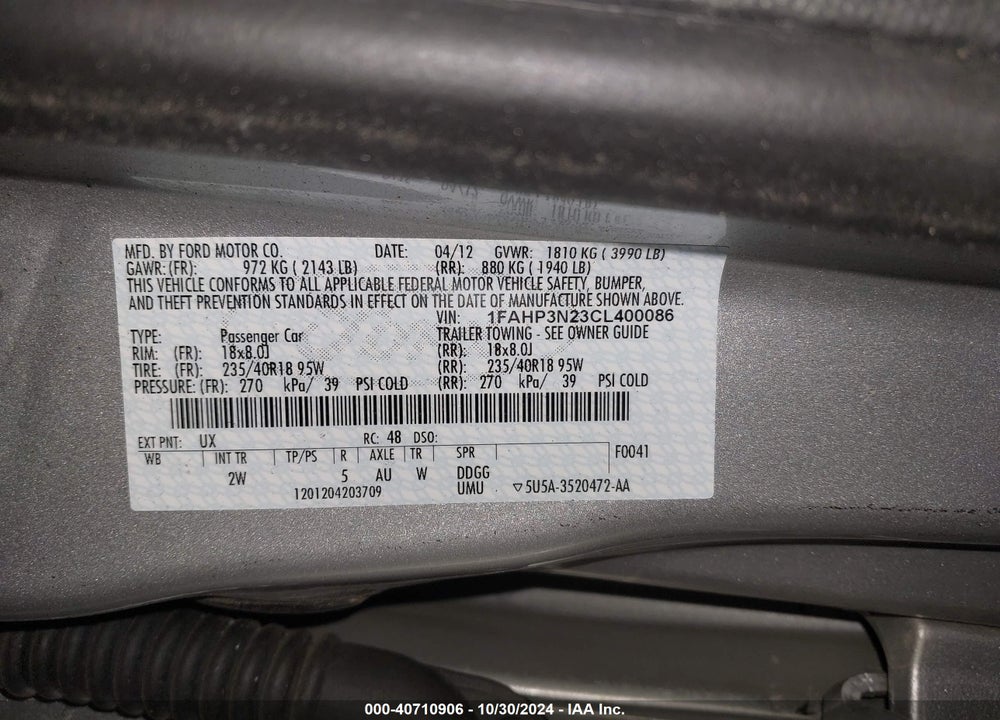 2012 FORD FOCUS TITANIUM VIN: 1FAHP3N23CL400086