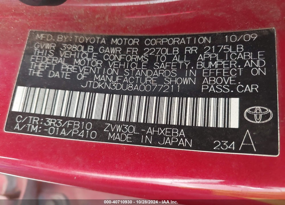 2010 TOYOTA PRIUS II VIN: JTDKN3DU8A0077211