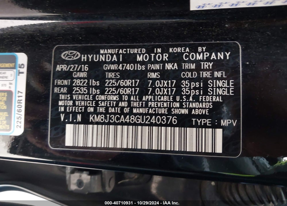 2016 HYUNDAI TUCSON SE VIN: KM8J3CA48GU240376