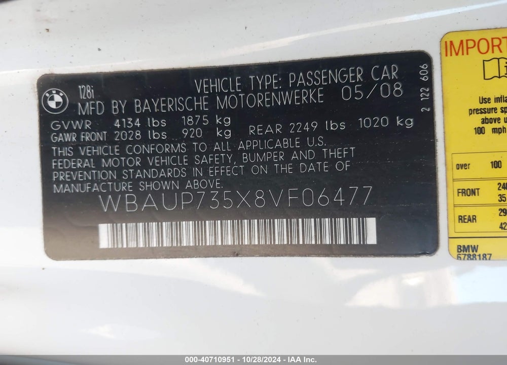 2008 BMW 128I VIN: WBAUP735X8VF06477