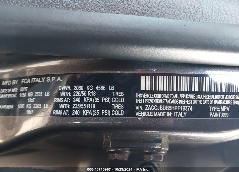 2017 JEEP RENEGADE LIMITED 4X4 VIN: ZACCJBDB5HPF19374