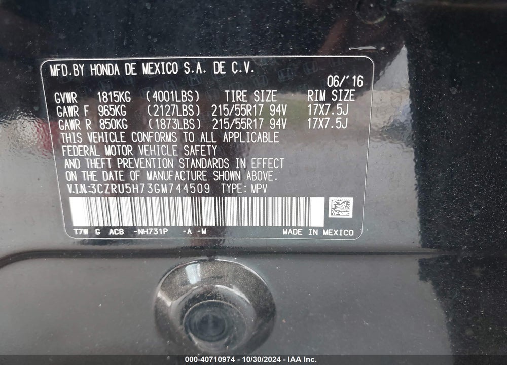 2016 HONDA HR-V EX-L VIN: 3CZRU5H73GM744509