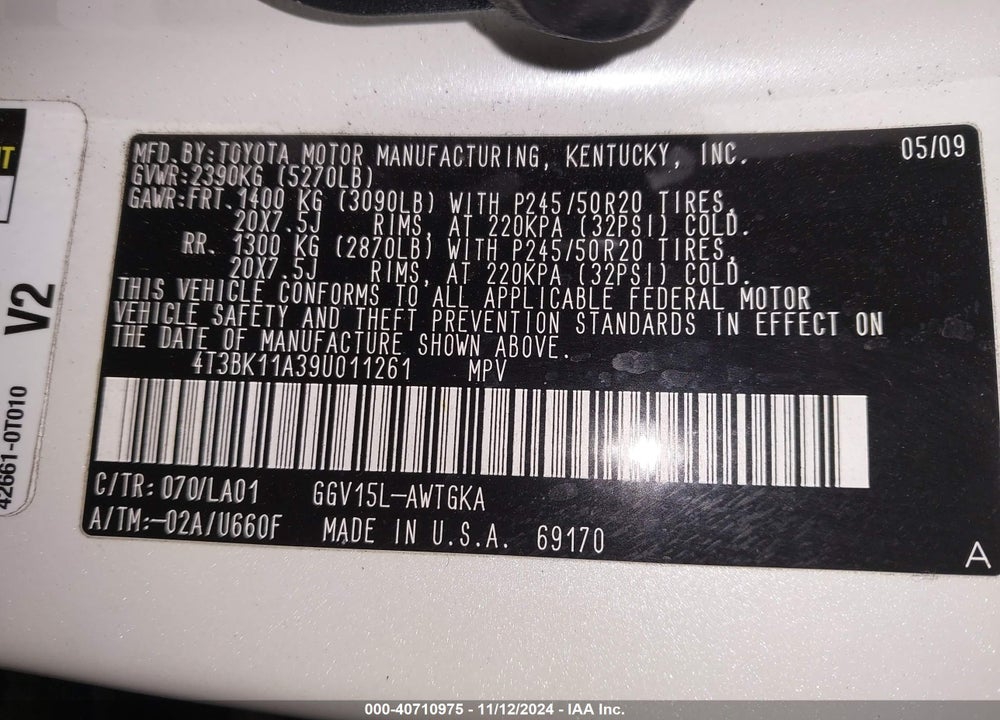 2009 TOYOTA VENZA VIN: 4T3BK11A39U011261