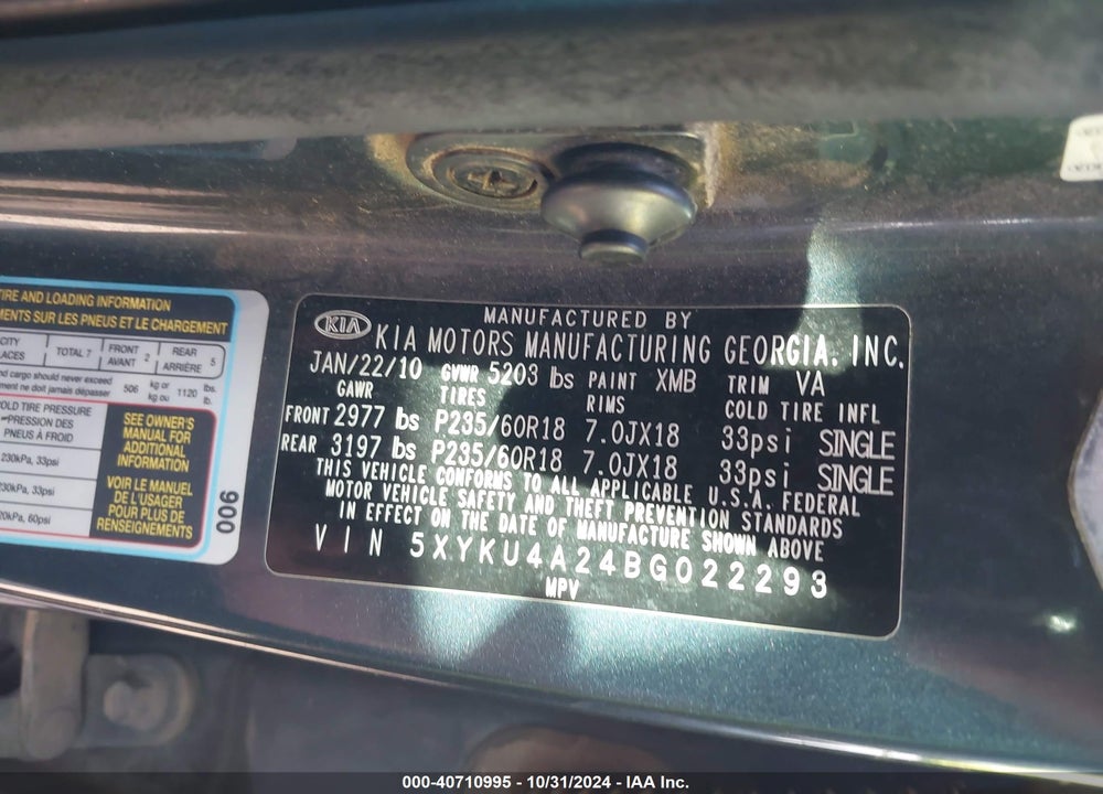 2011 KIA SORENTO VIN: 5XYKU4A24BG022293