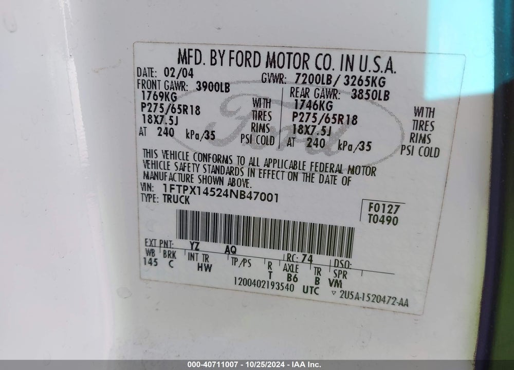 2004 FORD F-150 FX4/LARIAT/XL/XLT VIN: 1FTPX14524NB47001