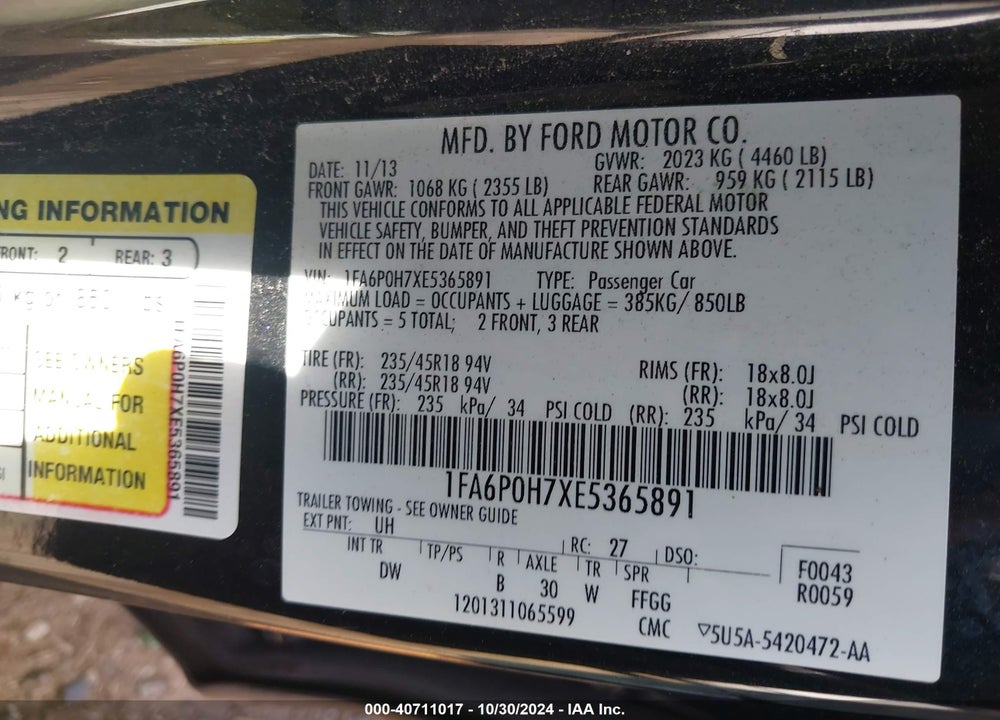 2014 FORD FUSION SE VIN: 1FA6P0H7XE5365891