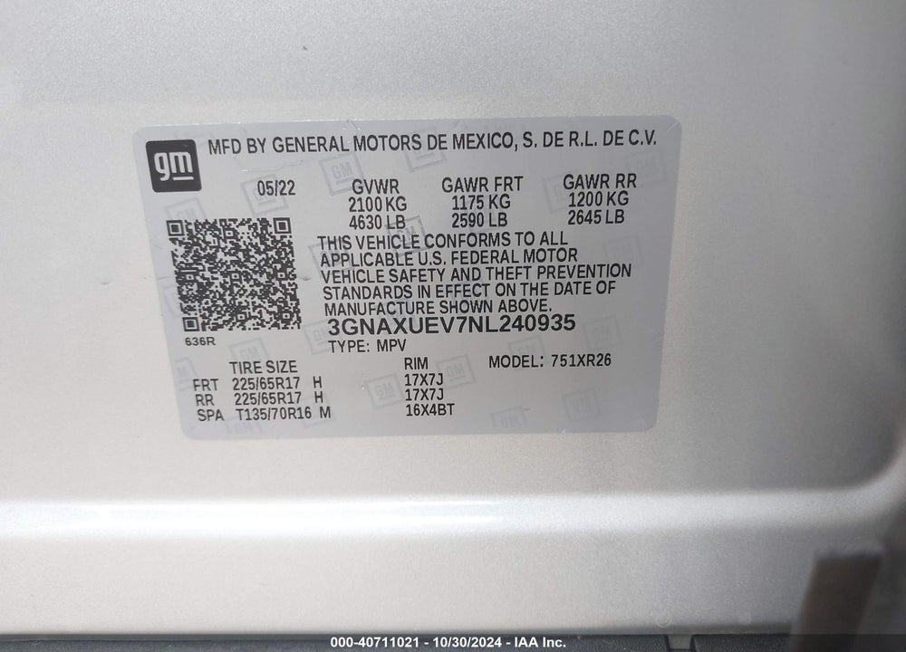 2022 CHEVROLET EQUINOX AWD LT VIN: 3GNAXUEV7NL240935