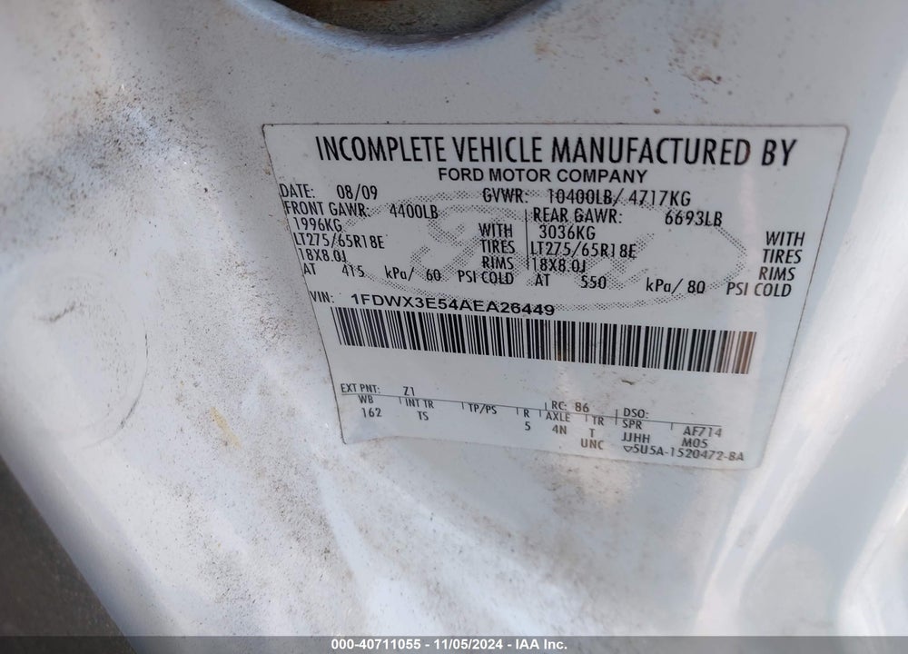 2010 FORD F-350 CHASSIS LARIAT/XL/XLT VIN: 1FDWX3E54AEA26449