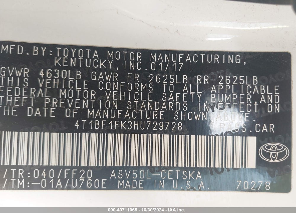 2017 TOYOTA CAMRY SE VIN: 4T1BF1FK3HU729728