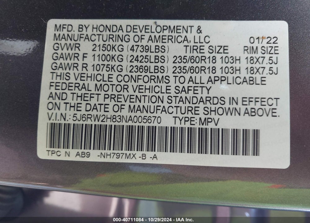 2022 HONDA CR-V AWD EX-L VIN: 5J6RW2H83NA005670