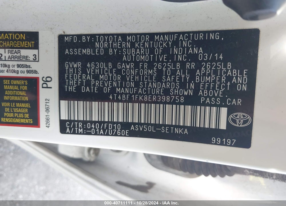 2014 TOYOTA CAMRY LE VIN: 4T4BF1FK8ER398758