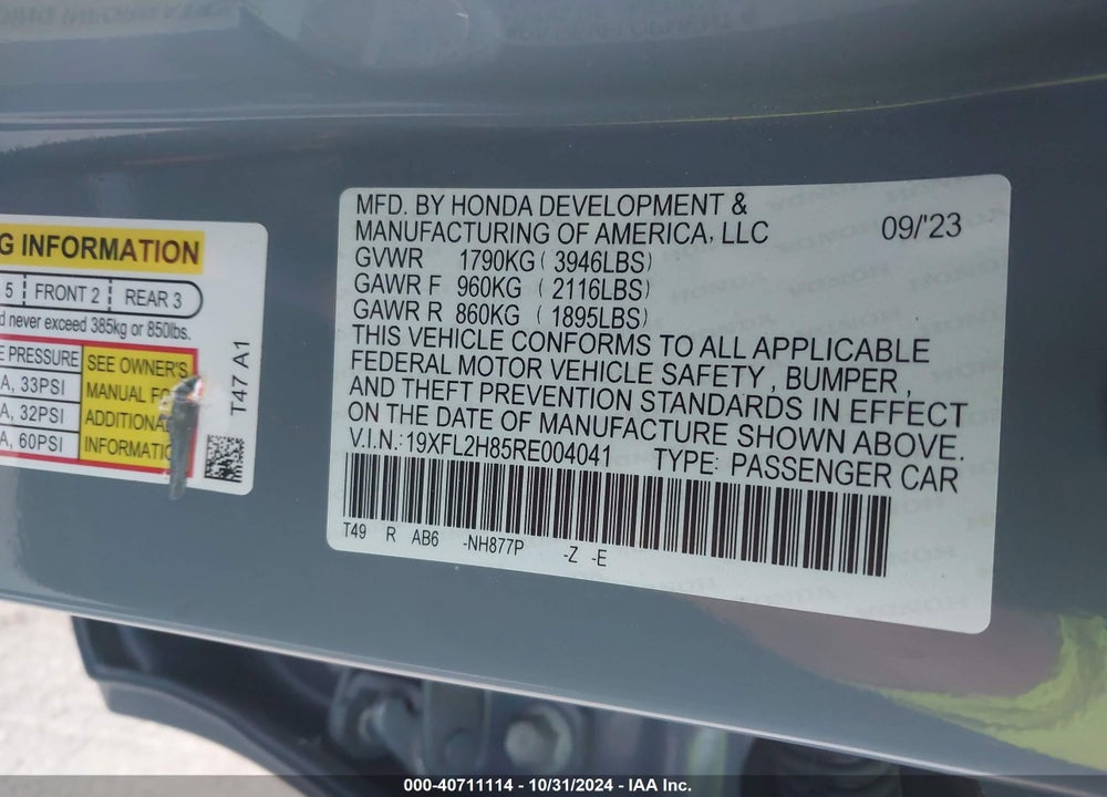 2024 HONDA CIVIC VIN: 19XFL2H85RE004041