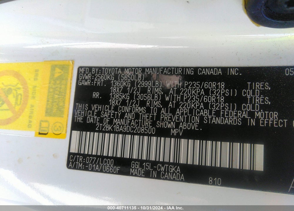 2013 LEXUS RX 350 VIN: 2T2BK1BA9DC208500