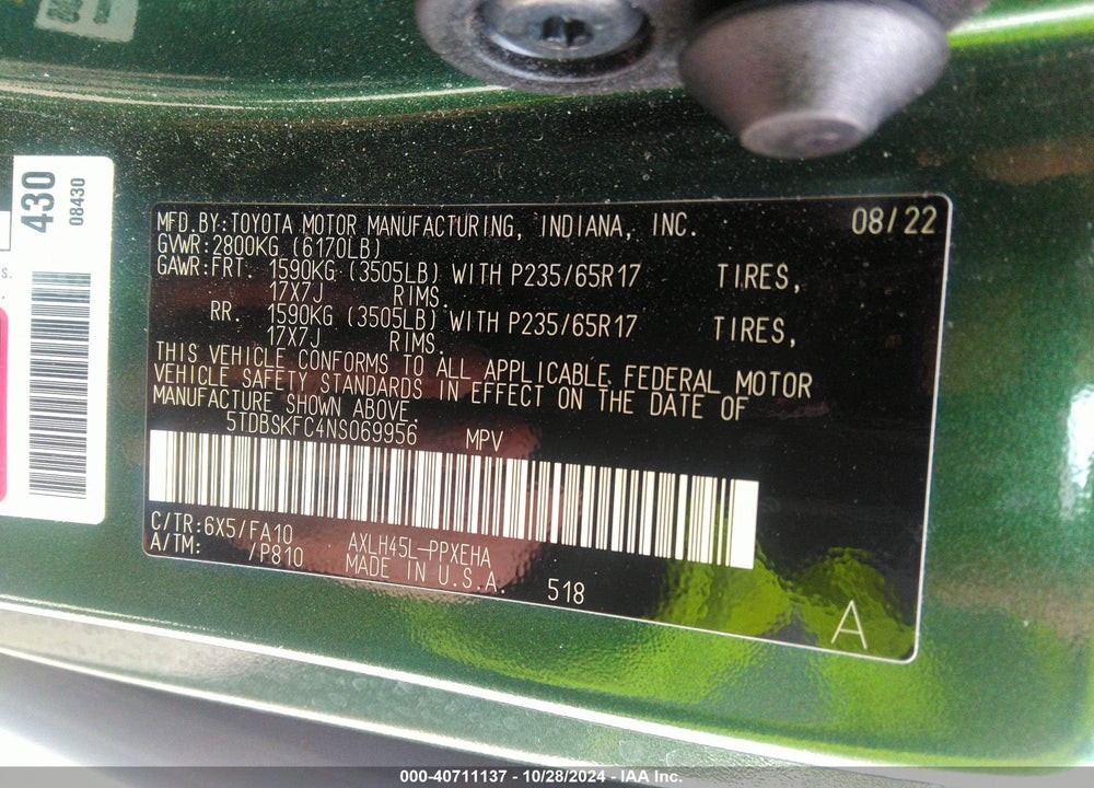 2022 TOYOTA SIENNA LE VIN: 5TDBSKFC4NS069956