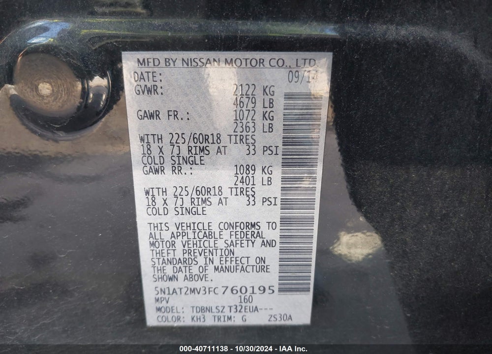 2015 NISSAN ROGUE SL VIN: 5N1AT2MV3FC760195