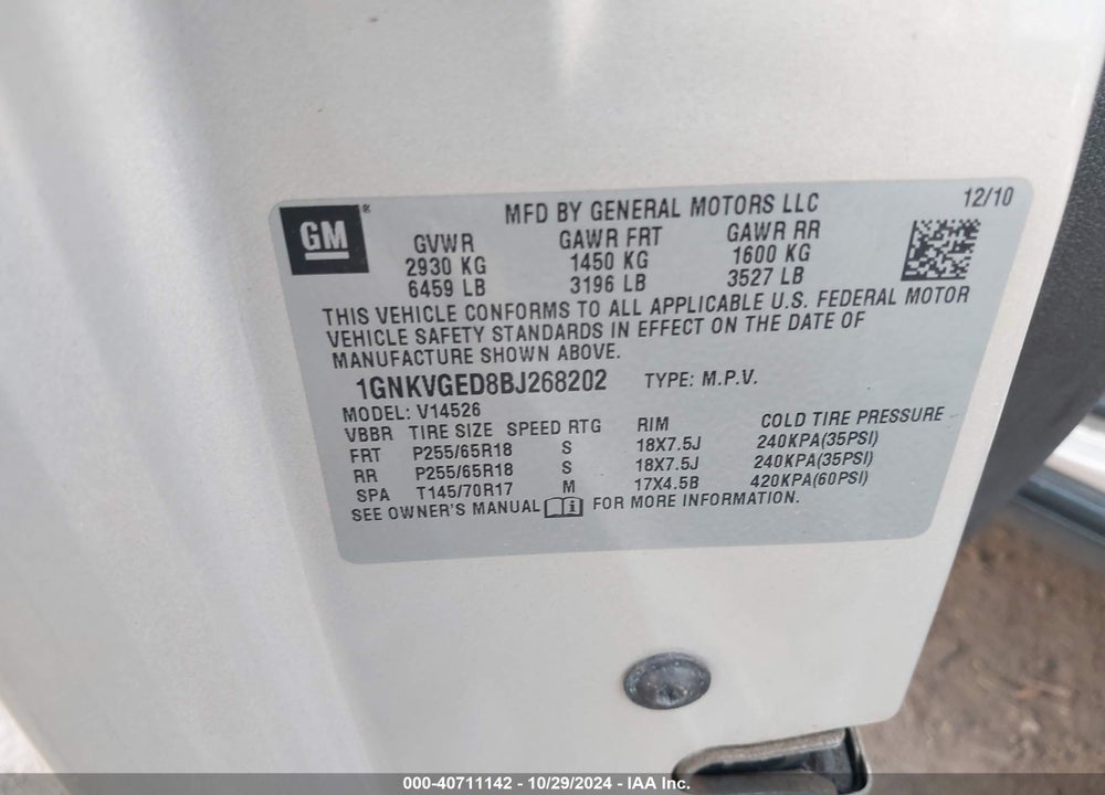 2011 CHEVROLET TRAVERSE 1LT VIN: 1GNKVGED8BJ268202