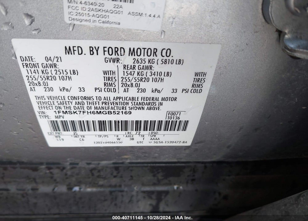 2021 FORD EXPLORER LIMITED VIN: 1FMSK7FH6MGB52169