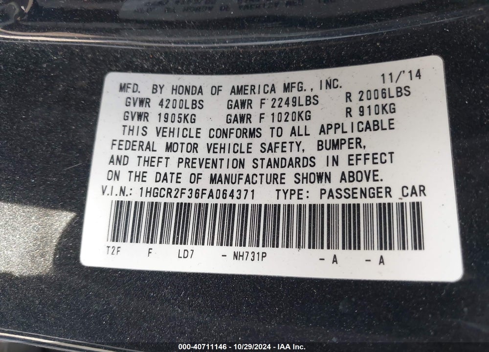 2015 HONDA ACCORD LX VIN: 1HGCR2F36FA064371