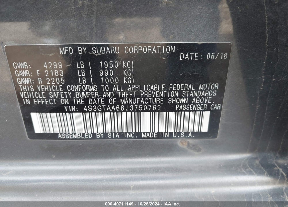 2018 SUBARU IMPREZA 2.0I VIN: 4S3GTAA68J3750762