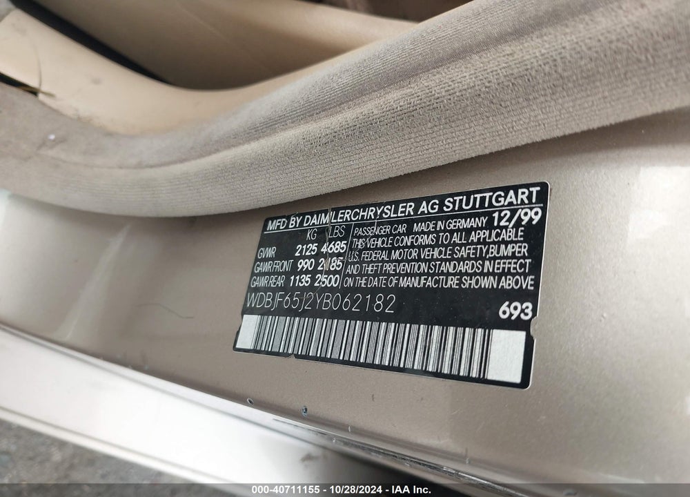 2000 MERCEDES-BENZ E 320 VIN: WDBJF65J2YB062182