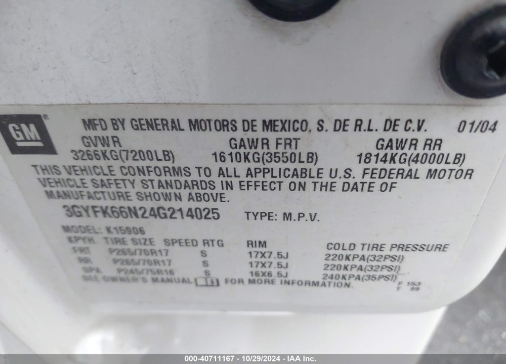 2004 CADILLAC ESCALADE ESV STANDARD VIN: 3GYFK66N24G214025
