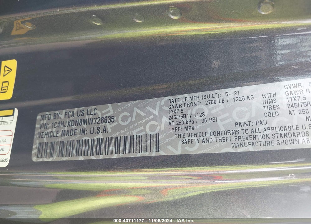 2021 JEEP WRANGLER UNLIMITED SPORT S 4X4 VIN: 1C4HJXDN8MW728635