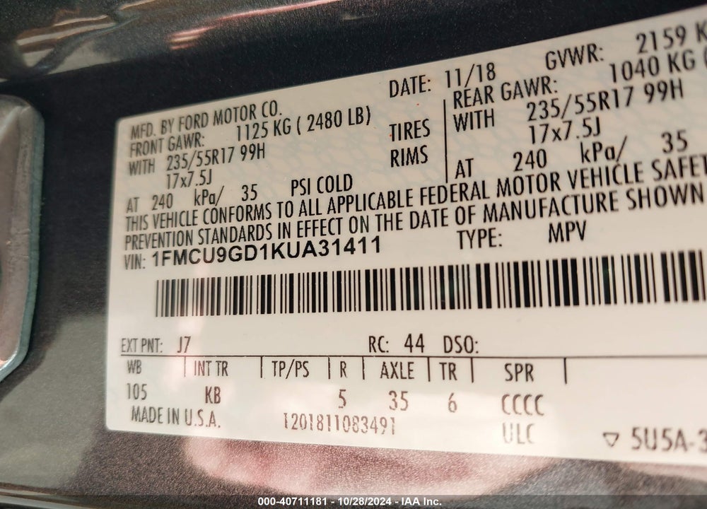 2019 FORD ESCAPE SE VIN: 1FMCU9GD1KUA31411