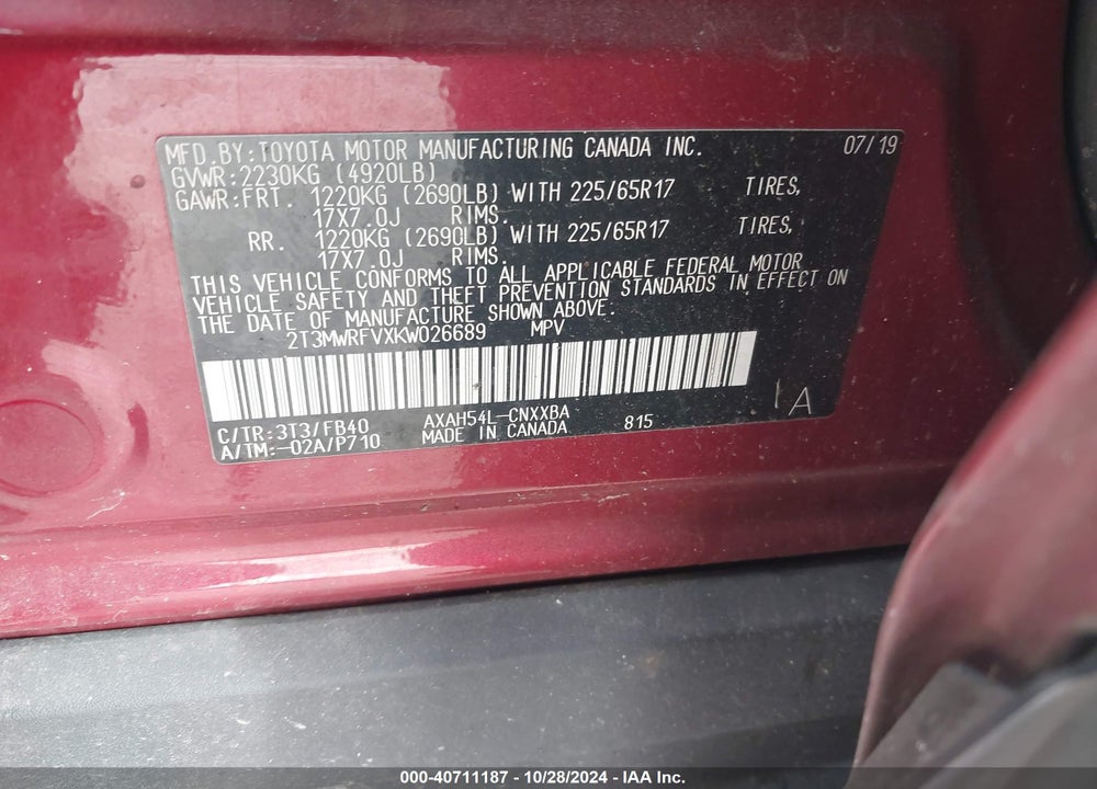 2019 TOYOTA RAV4 HYBRID LE VIN: 2T3MWRFVXKW026689