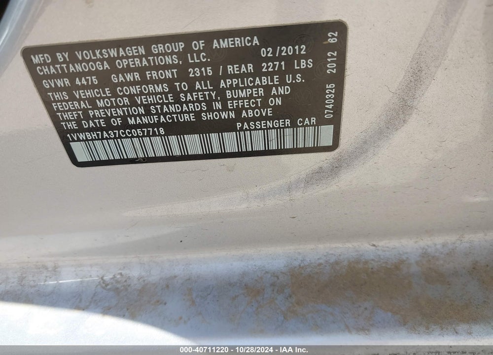 2012 VOLKSWAGEN PASSAT 2.5L SE VIN: 1VWBH7A37CC057718