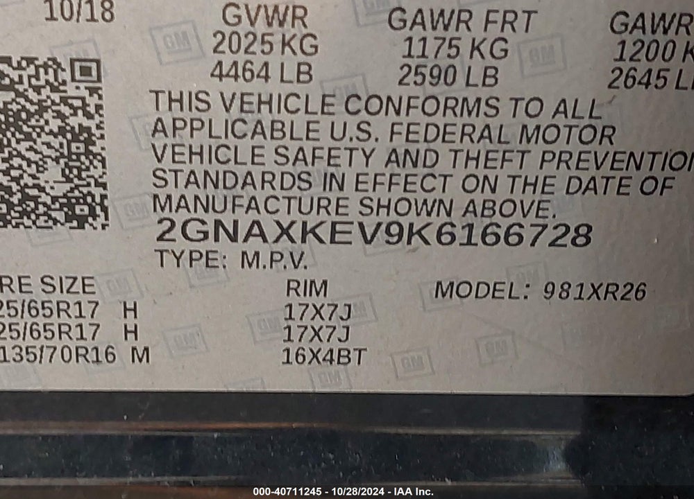 2019 CHEVROLET EQUINOX LT VIN: 2GNAXKEV9K6166728